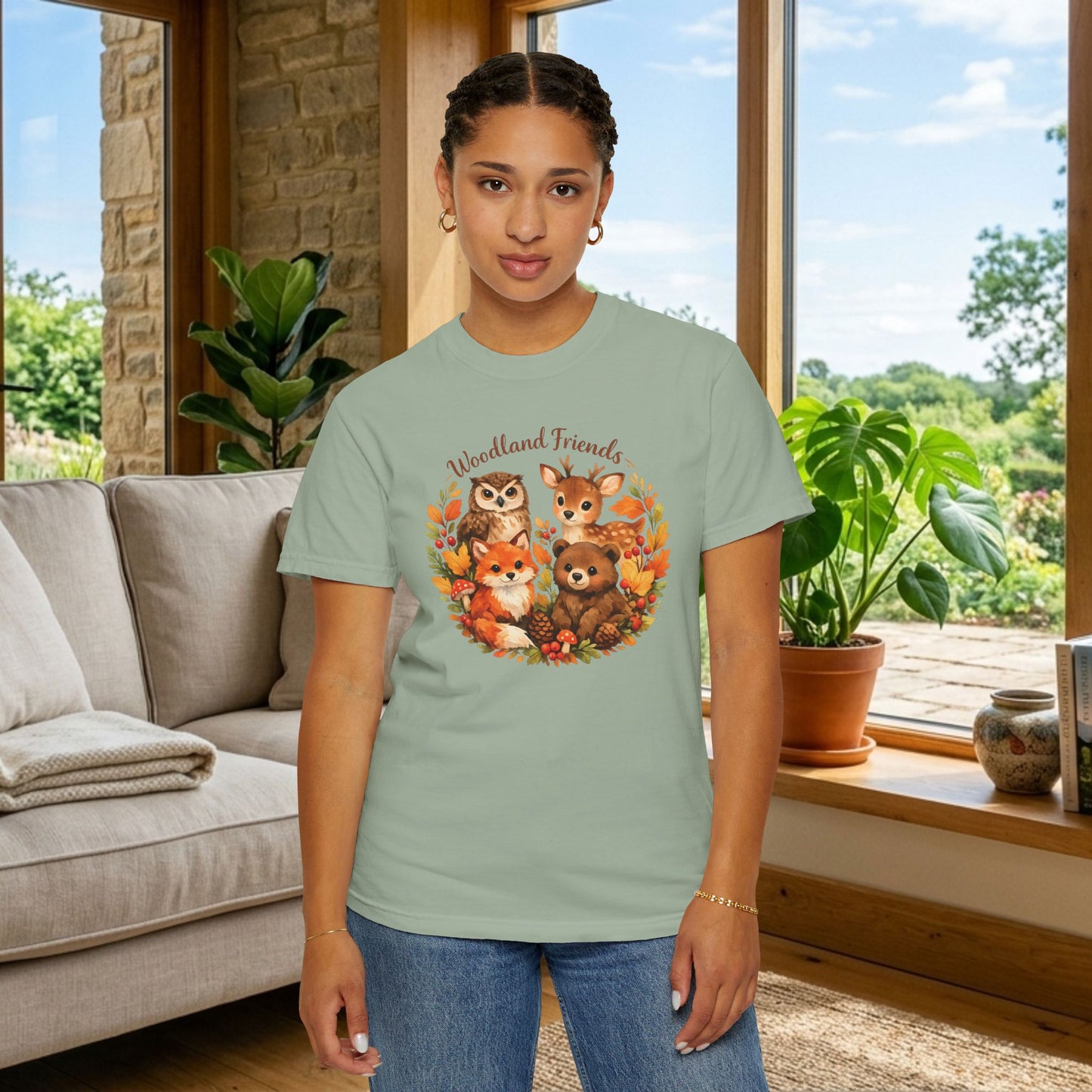 Woodland Friends Badge Watercolor Tee | Fox Bear Deer Owl Shirt | Nature Lover Gift