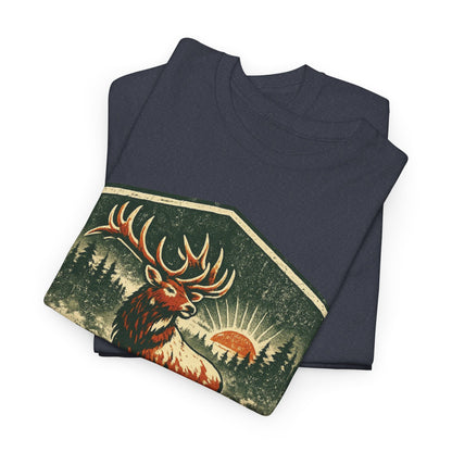 Elk At Dawn Vintage Badge Tee | Seek Adventure Graphic Shirt | Outdoor Nature Gift