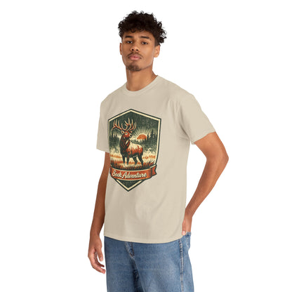 Elk At Dawn Vintage Badge Tee | Seek Adventure Graphic Shirt | Outdoor Nature Gift