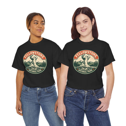 Yellowstone Park Badge Tee | Old Faithful Mountain Pine Trees Retro Circle Design