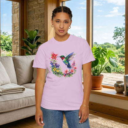 Hummingbird Wildflower Watercolor Tee | Jewel Tone Nature Shirt | Bird Watcher Gift