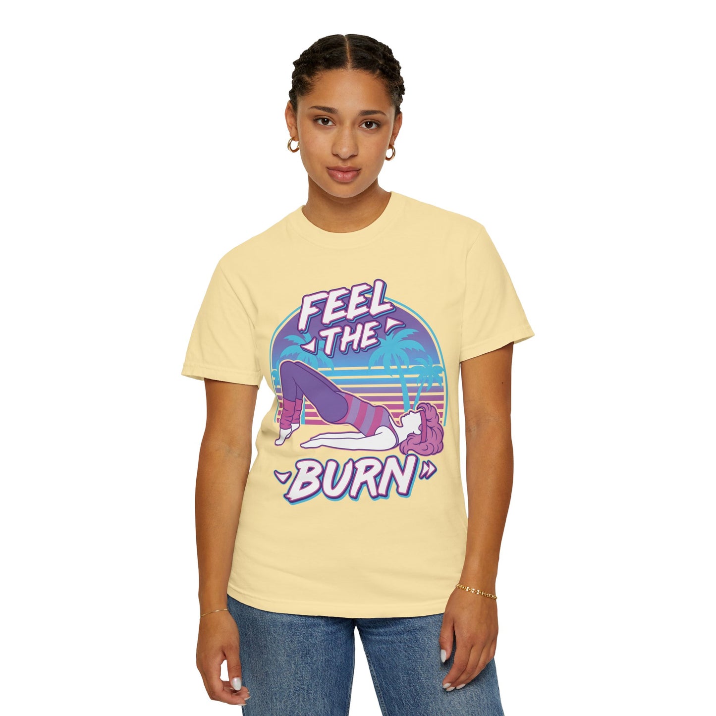 Feel the Burn Retro 80s Glute Thrust Pose Graphic Tee | Vintage Workout Shirt