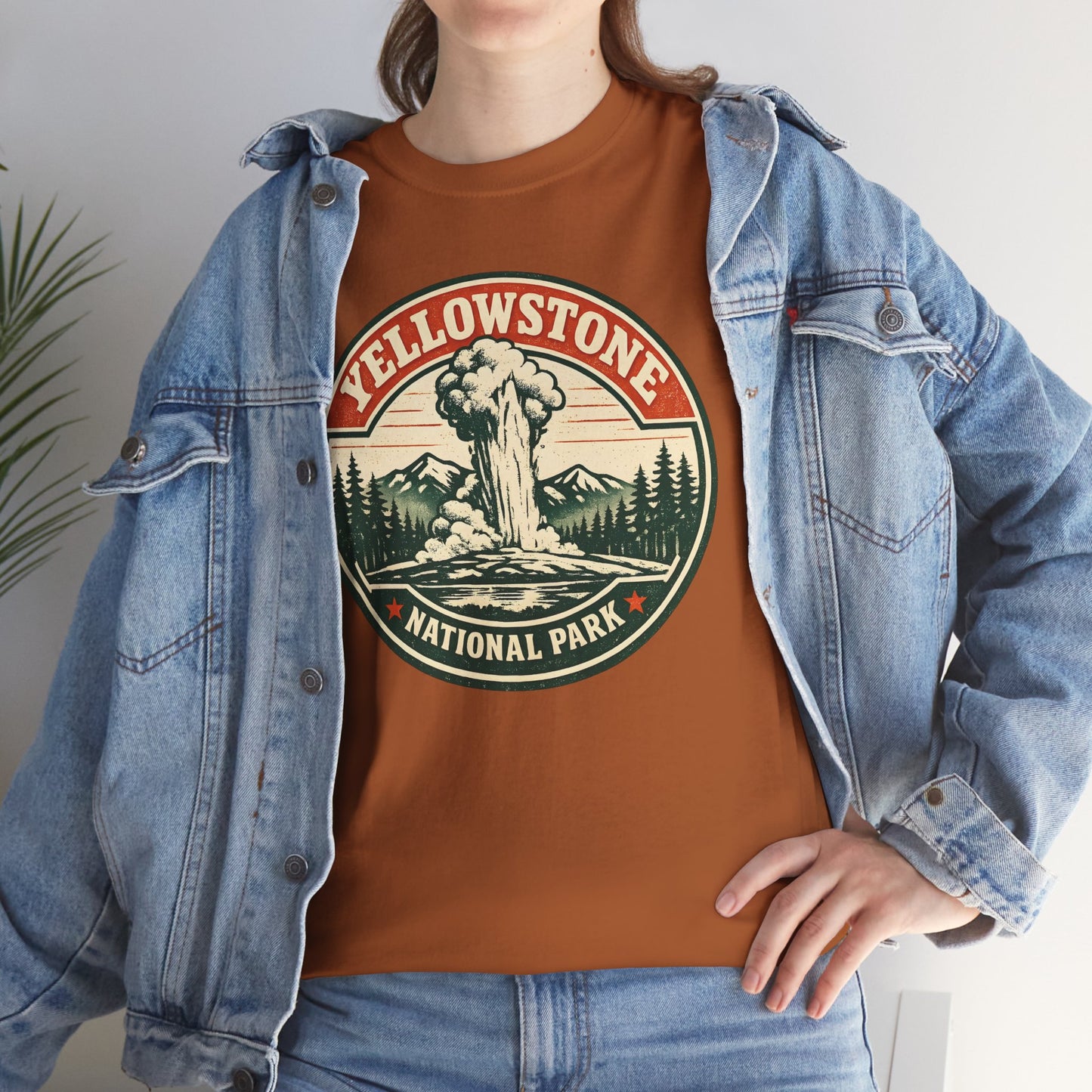 Yellowstone Park Badge Tee | Old Faithful Mountain Pine Trees Retro Circle Design