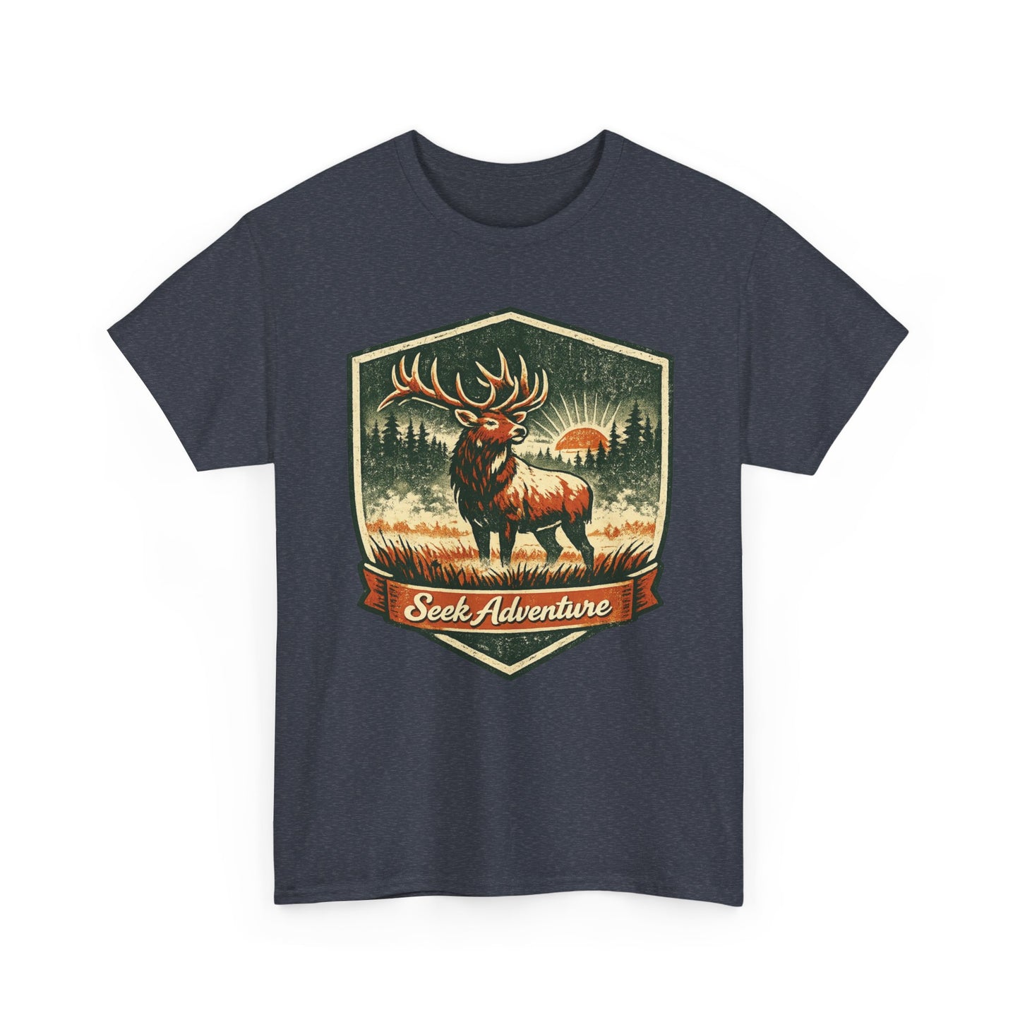 Elk At Dawn Vintage Badge Tee | Seek Adventure Graphic Shirt | Outdoor Nature Gift