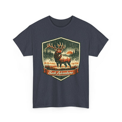 Elk At Dawn Vintage Badge Tee | Seek Adventure Graphic Shirt | Outdoor Nature Gift