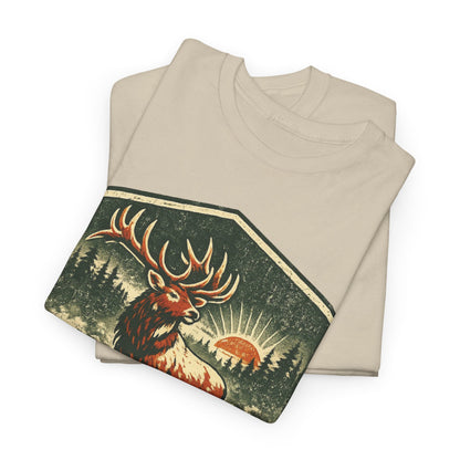 Elk At Dawn Vintage Badge Tee | Seek Adventure Graphic Shirt | Outdoor Nature Gift