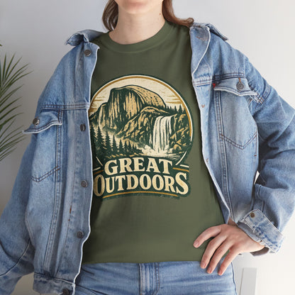 Great Outdoors Retro Badge Tee | Yosemite Half Dome Graphic Shirt | Camping Gift