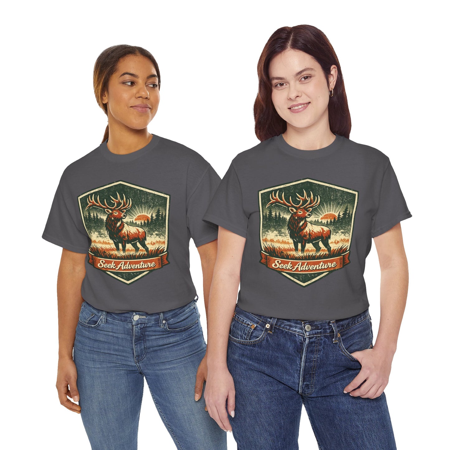 Elk At Dawn Vintage Badge Tee | Seek Adventure Graphic Shirt | Outdoor Nature Gift