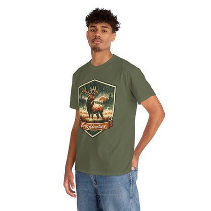 Elk At Dawn Vintage Badge Tee | Seek Adventure Graphic Shirt | Outdoor Nature Gift