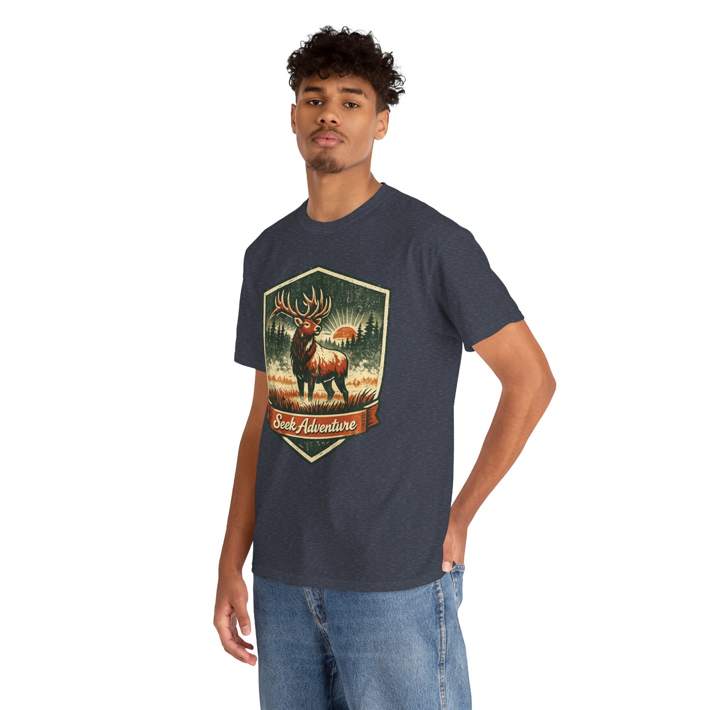 Elk At Dawn Vintage Badge Tee | Seek Adventure Graphic Shirt | Outdoor Nature Gift