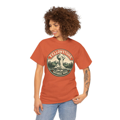 Yellowstone Park Badge Tee | Old Faithful Mountain Pine Trees Retro Circle Design
