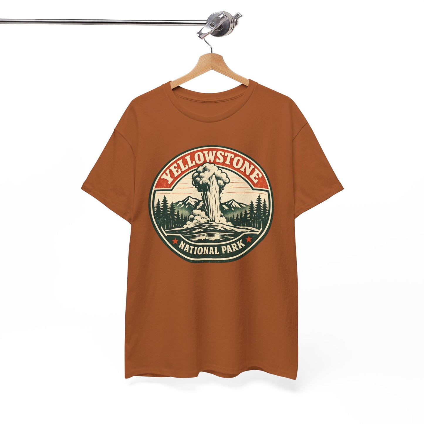 Yellowstone Park Badge Tee | Old Faithful Mountain Pine Trees Retro Circle Design