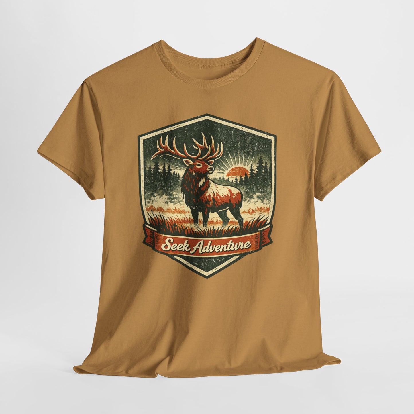 Elk At Dawn Vintage Badge Tee | Seek Adventure Graphic Shirt | Outdoor Nature Gift
