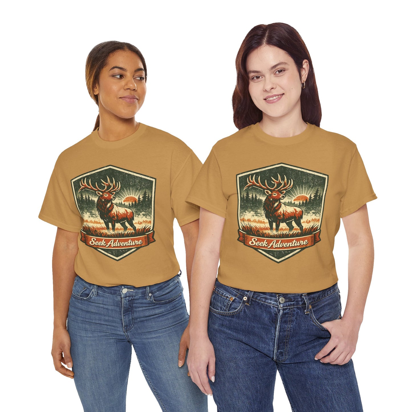 Elk At Dawn Vintage Badge Tee | Seek Adventure Graphic Shirt | Outdoor Nature Gift