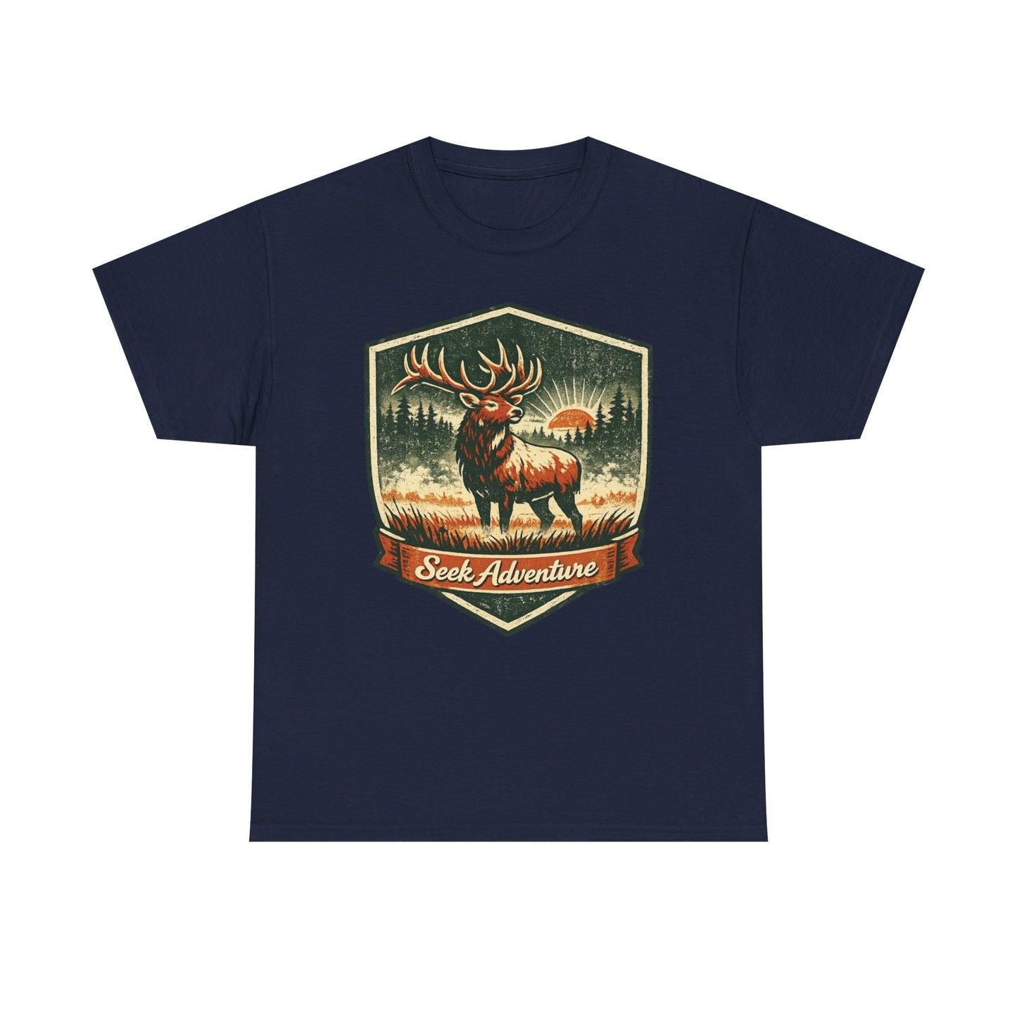 Elk At Dawn Vintage Badge Tee | Seek Adventure Graphic Shirt | Outdoor Nature Gift