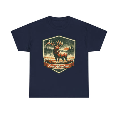 Elk At Dawn Vintage Badge Tee | Seek Adventure Graphic Shirt | Outdoor Nature Gift