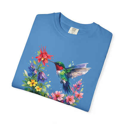 Hummingbird Wildflower Watercolor Tee | Jewel Tone Nature Shirt | Bird Watcher Gift