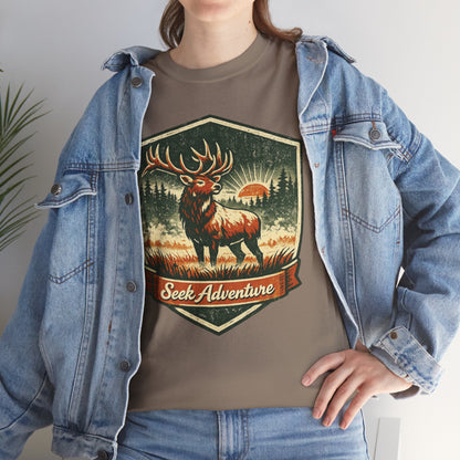 Elk At Dawn Vintage Badge Tee | Seek Adventure Graphic Shirt | Outdoor Nature Gift