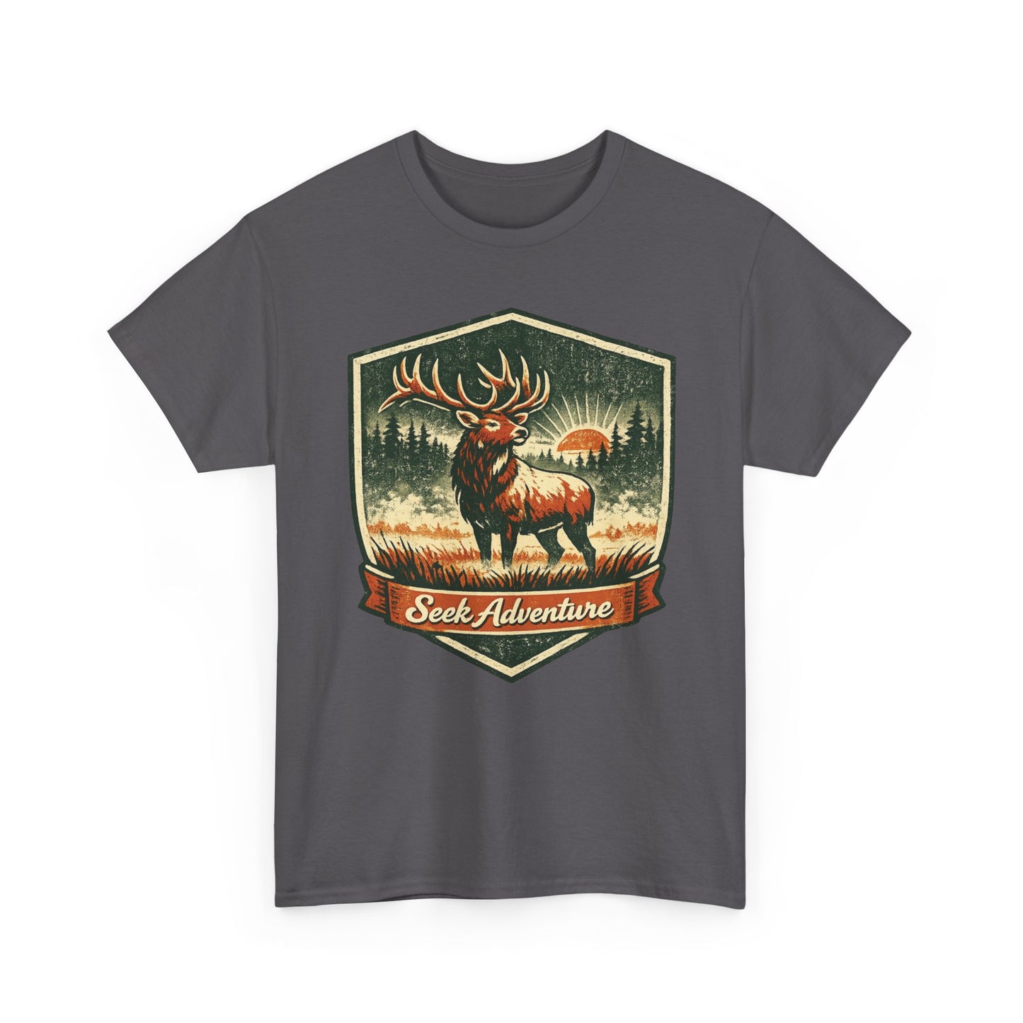 Elk At Dawn Vintage Badge Tee | Seek Adventure Graphic Shirt | Outdoor Nature Gift