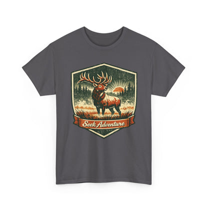 Elk At Dawn Vintage Badge Tee | Seek Adventure Graphic Shirt | Outdoor Nature Gift