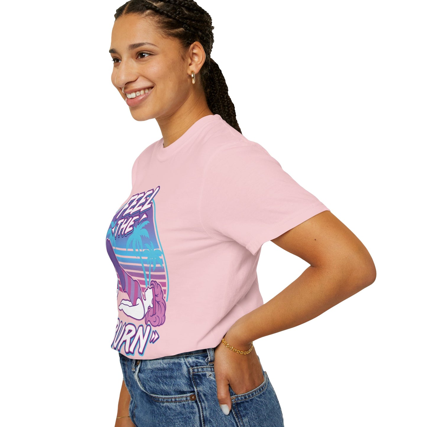 Feel the Burn Retro 80s Glute Thrust Pose Graphic Tee | Vintage Workout Shirt