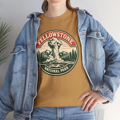 Yellowstone Park Badge Tee | Old Faithful Mountain Pine Trees Retro Circle Design