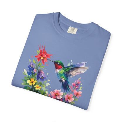 Hummingbird Wildflower Watercolor Tee | Jewel Tone Nature Shirt | Bird Watcher Gift