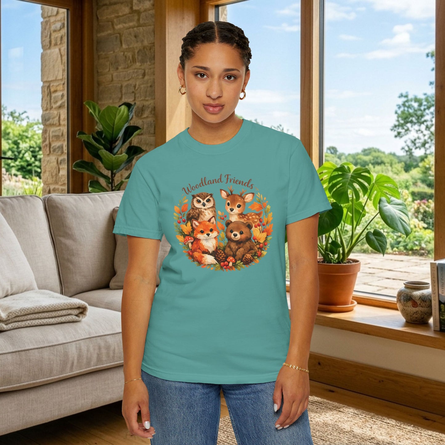 Woodland Friends Badge Watercolor Tee | Fox Bear Deer Owl Shirt | Nature Lover Gift
