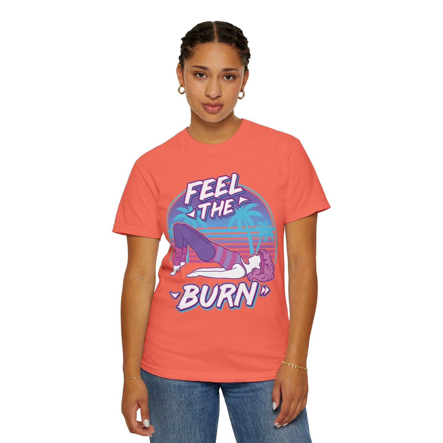 Feel the Burn Retro 80s Glute Thrust Pose Graphic Tee | Vintage Workout Shirt
