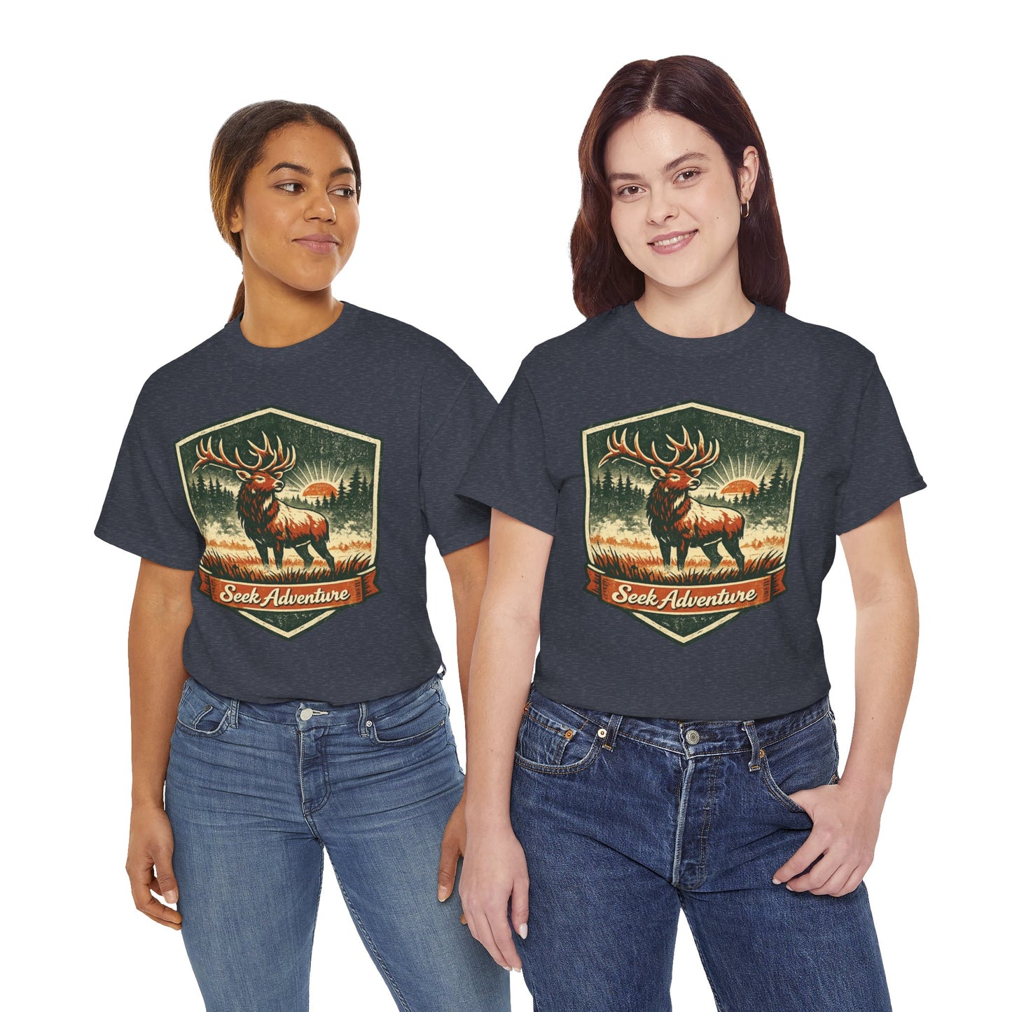 Elk At Dawn Vintage Badge Tee | Seek Adventure Graphic Shirt | Outdoor Nature Gift