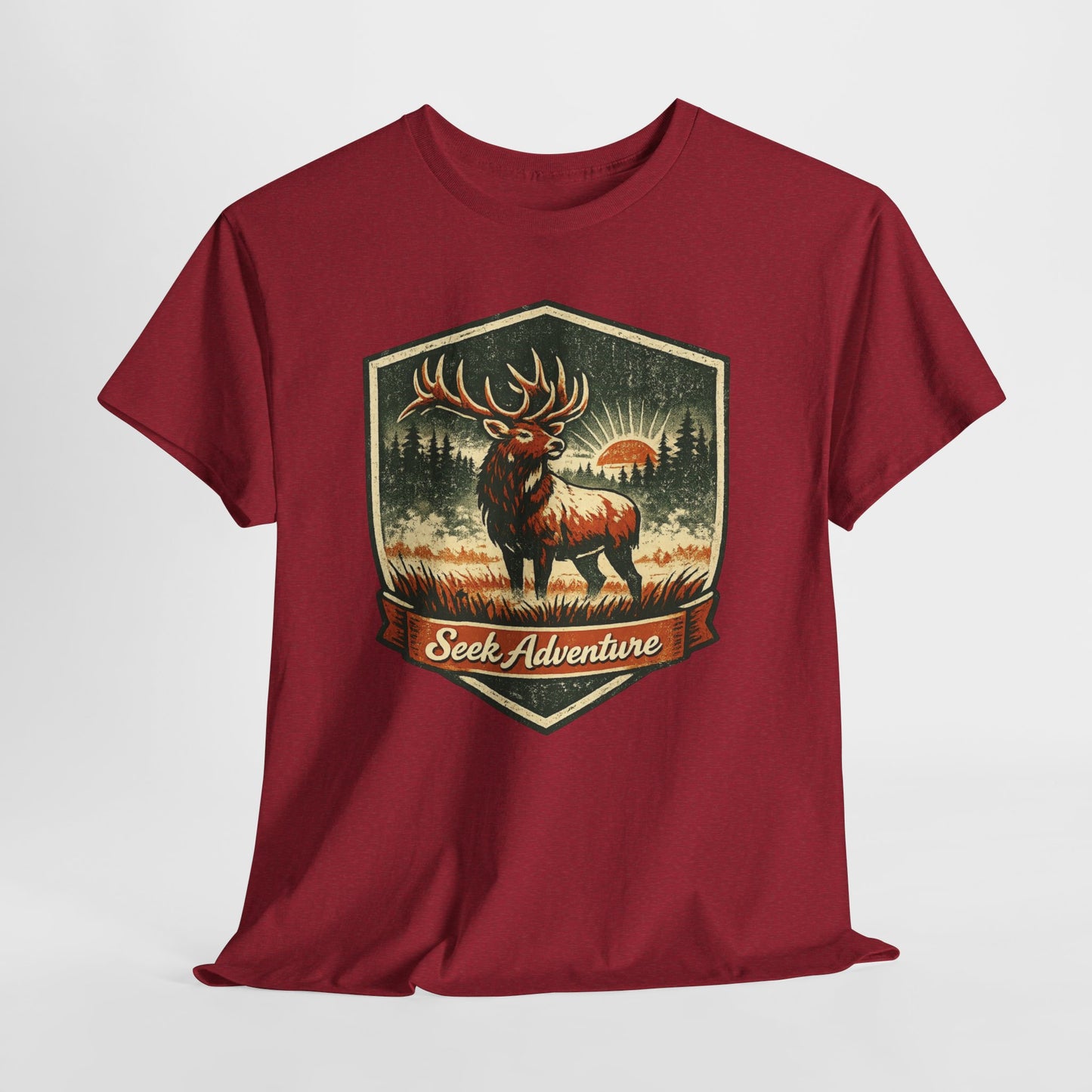 Elk At Dawn Vintage Badge Tee | Seek Adventure Graphic Shirt | Outdoor Nature Gift