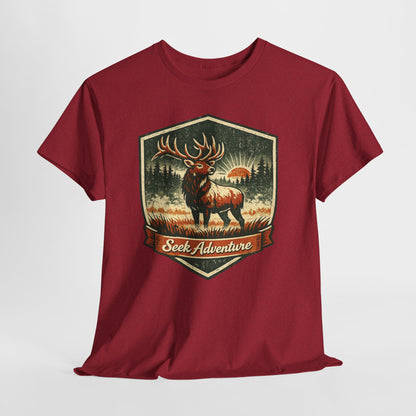 Elk At Dawn Vintage Badge Tee | Seek Adventure Graphic Shirt | Outdoor Nature Gift