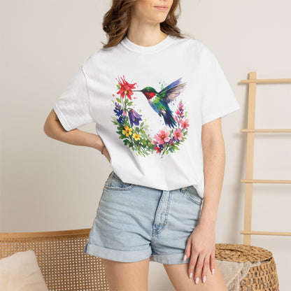 Hummingbird Wildflower Watercolor Tee | Jewel Tone Nature Shirt | Bird Watcher Gift