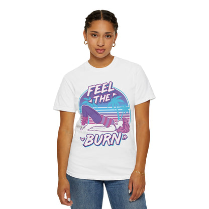 Feel the Burn Retro 80s Glute Thrust Pose Graphic Tee | Vintage Workout Shirt
