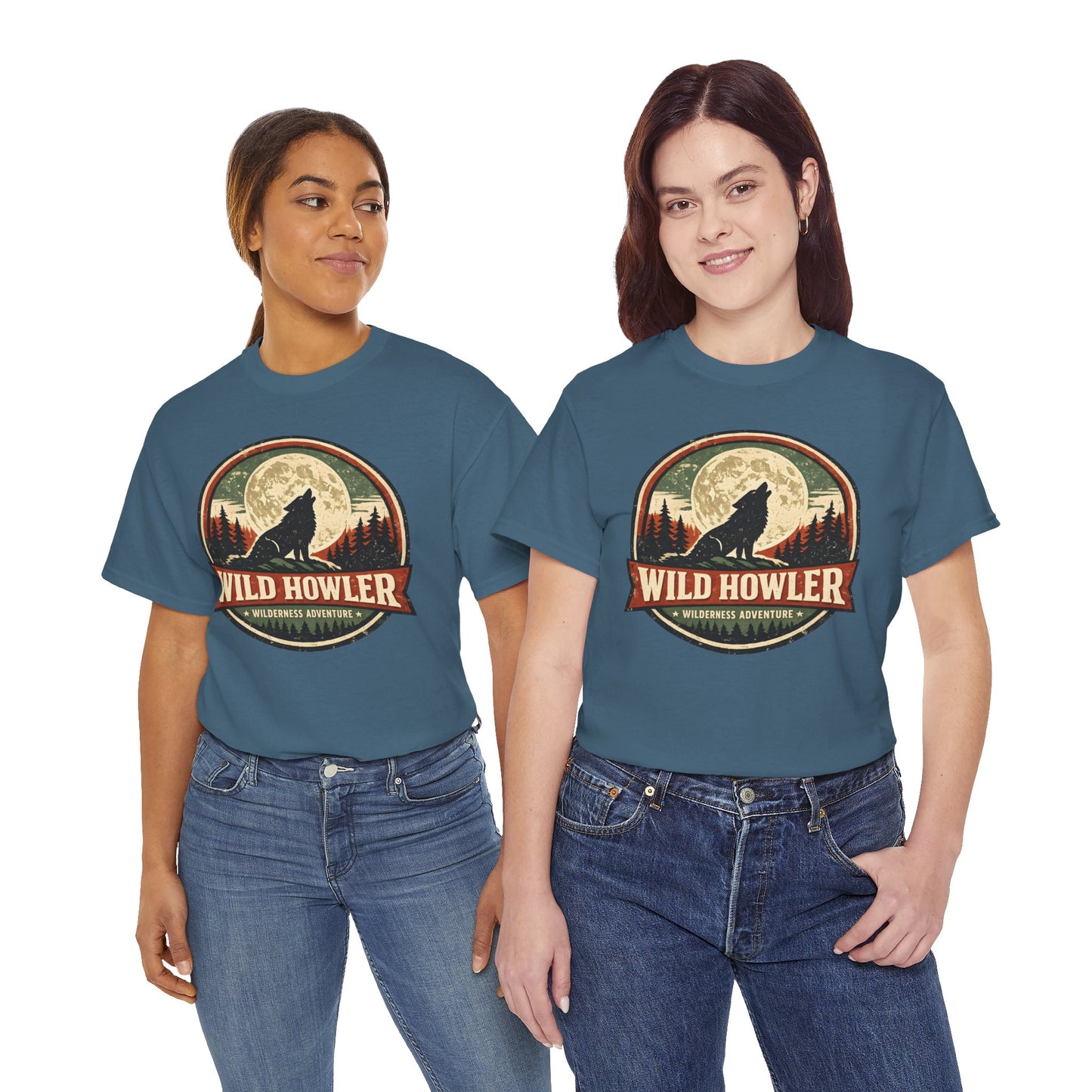 Howling Wolf Vintage Badge Tee | Full Moon Wilderness Shirt | Nature Lover Gift