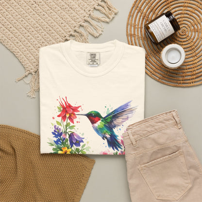 Hummingbird Wildflower Watercolor Tee | Jewel Tone Nature Shirt | Bird Watcher Gift