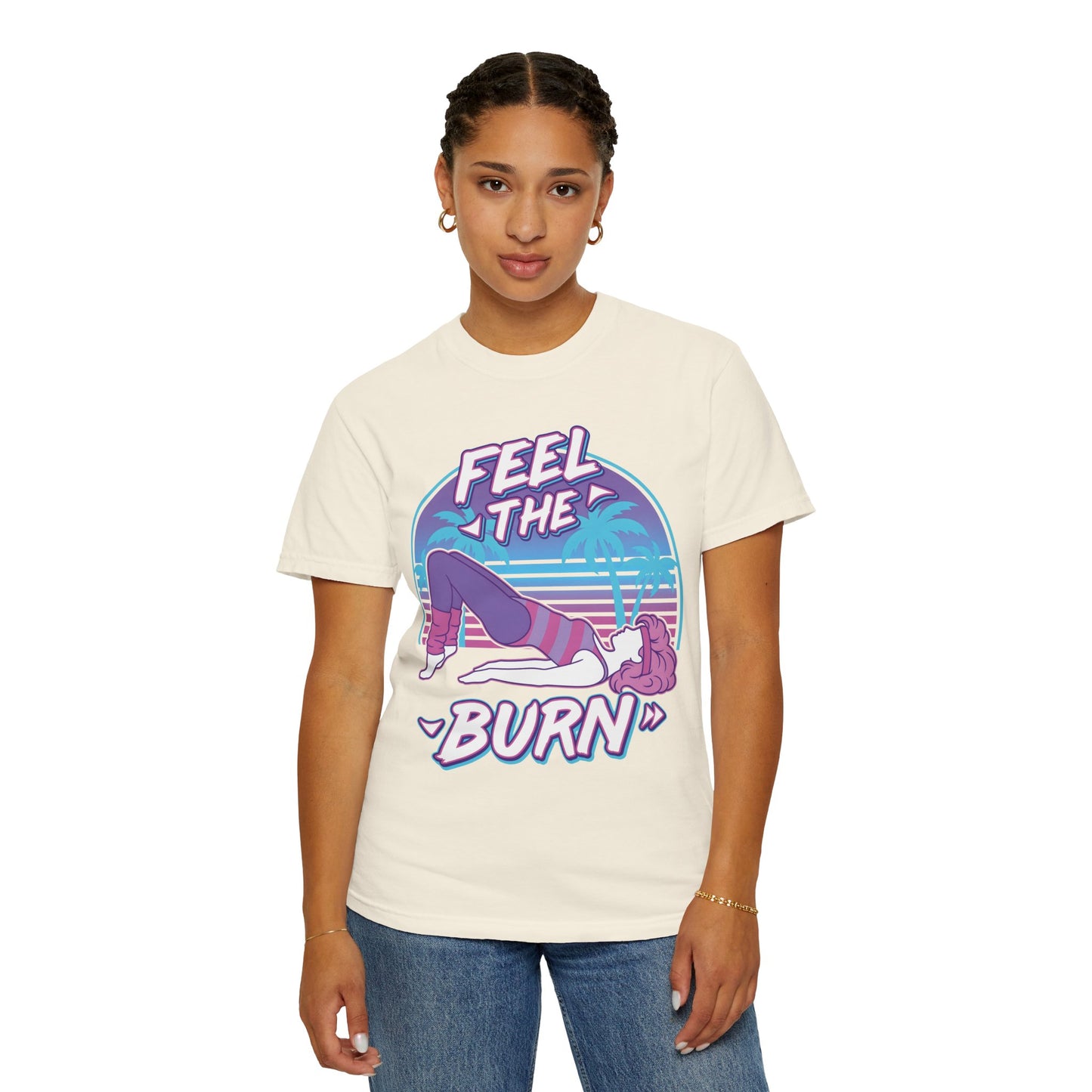 Feel the Burn Retro 80s Glute Thrust Pose Graphic Tee | Vintage Workout Shirt