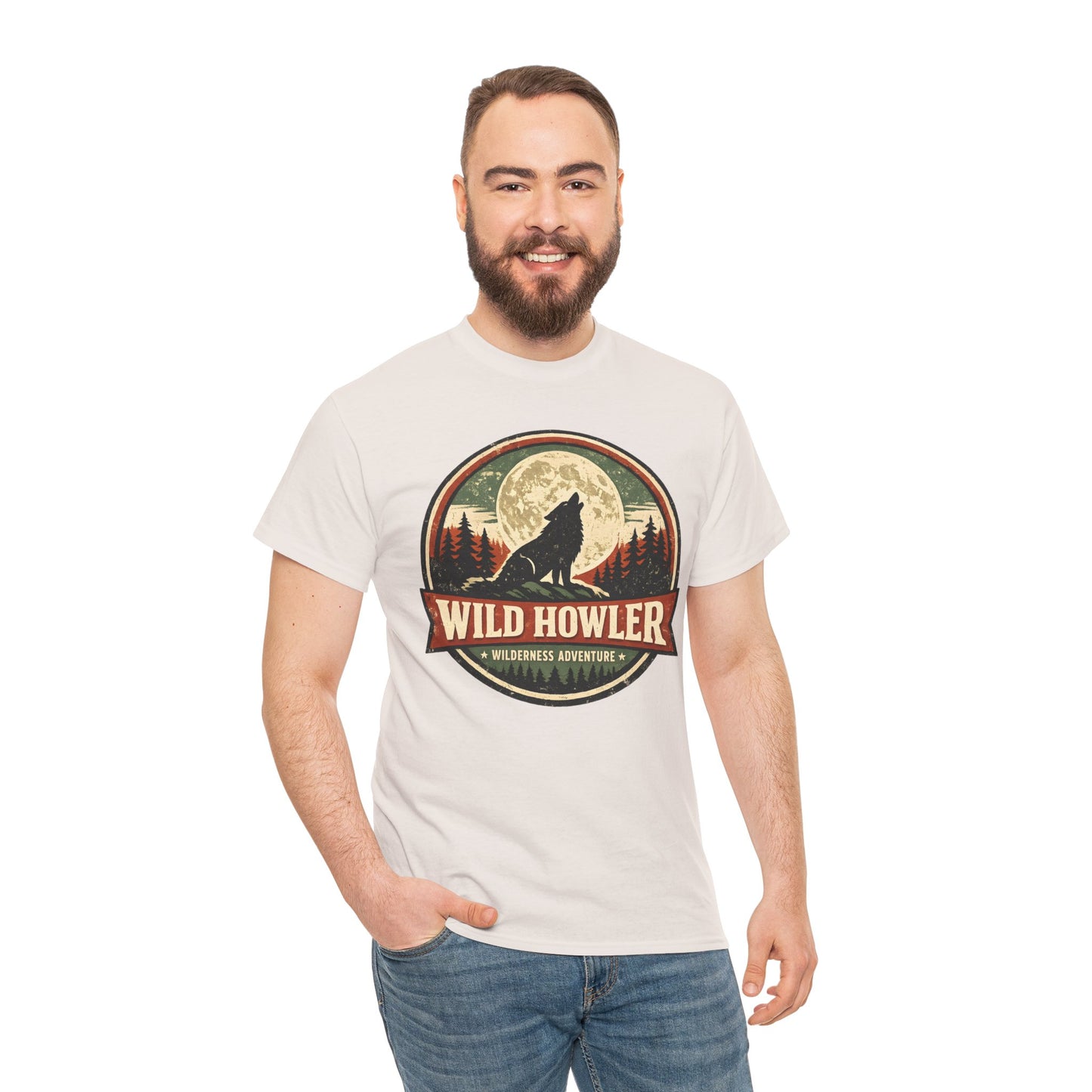 Howling Wolf Vintage Badge Tee | Full Moon Wilderness Shirt | Nature Lover Gift
