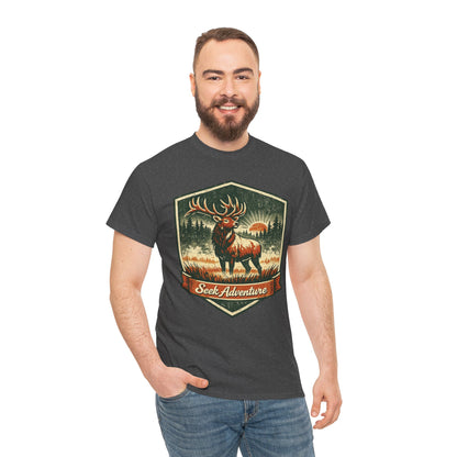 Elk At Dawn Vintage Badge Tee | Seek Adventure Graphic Shirt | Outdoor Nature Gift