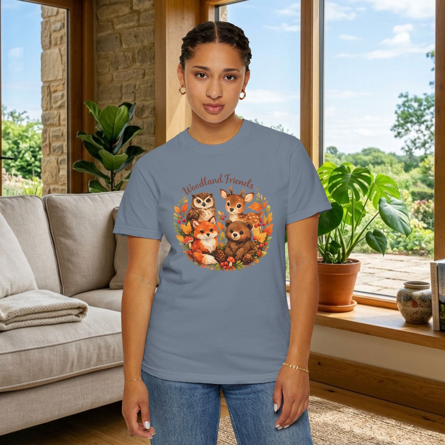 Woodland Friends Badge Watercolor Tee | Fox Bear Deer Owl Shirt | Nature Lover Gift