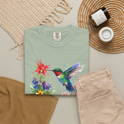 Hummingbird Wildflower Watercolor Tee | Jewel Tone Nature Shirt | Bird Watcher Gift