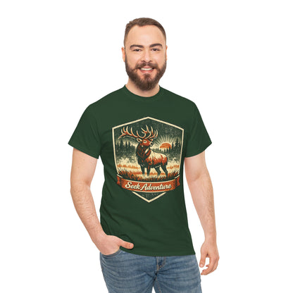 Elk At Dawn Vintage Badge Tee | Seek Adventure Graphic Shirt | Outdoor Nature Gift