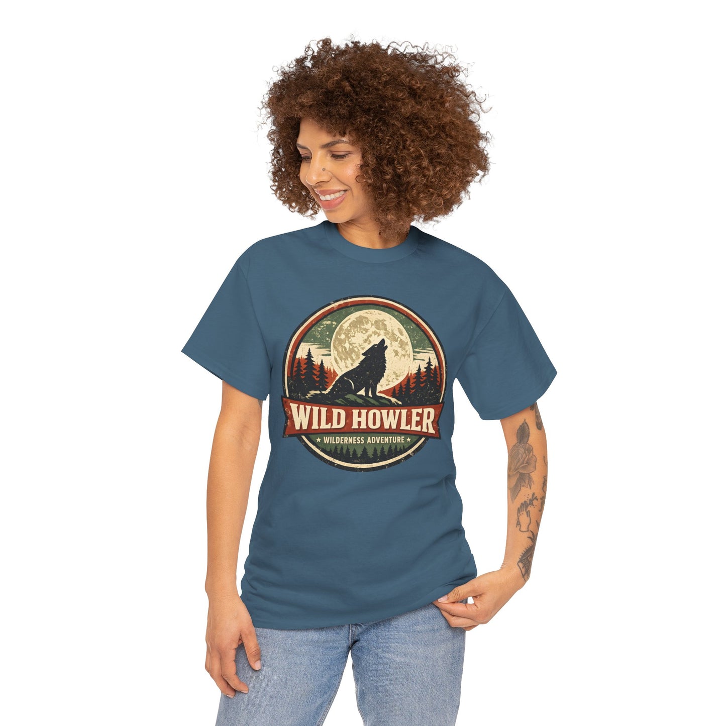 Howling Wolf Vintage Badge Tee | Full Moon Wilderness Shirt | Nature Lover Gift