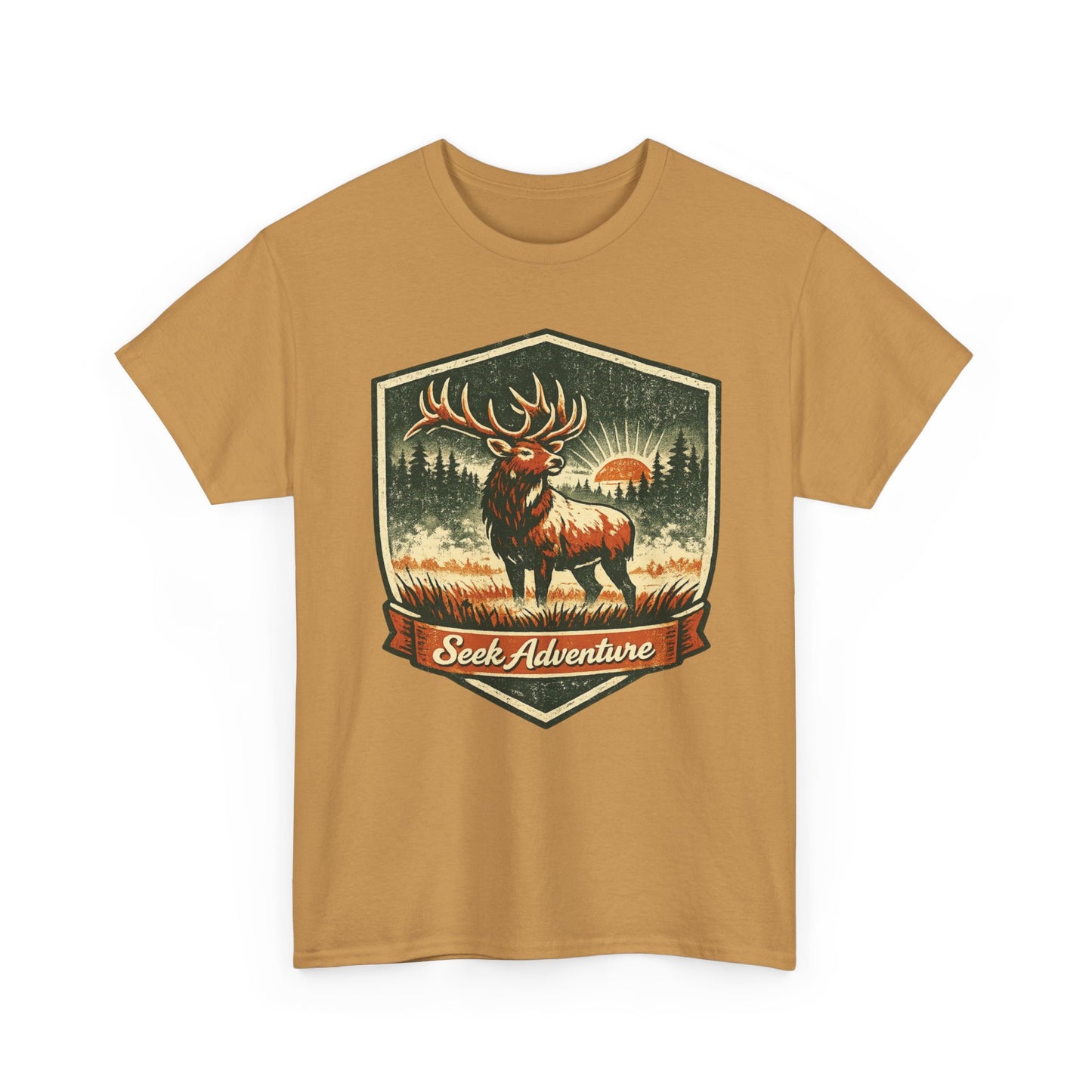 Elk At Dawn Vintage Badge Tee | Seek Adventure Graphic Shirt | Outdoor Nature Gift