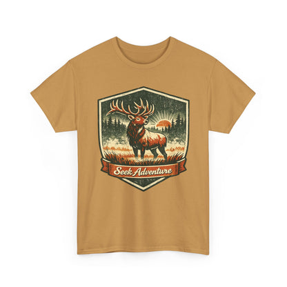 Elk At Dawn Vintage Badge Tee | Seek Adventure Graphic Shirt | Outdoor Nature Gift