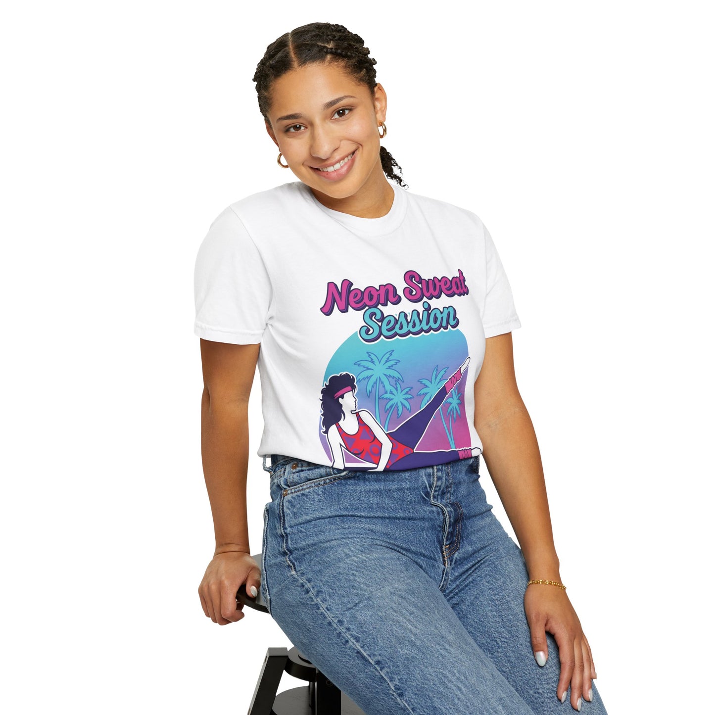 Neon Sweat Session Retro 80s Aerobics Graphic Tee | Vintage Workout Shirt