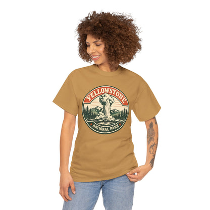 Yellowstone Park Badge Tee | Old Faithful Mountain Pine Trees Retro Circle Design