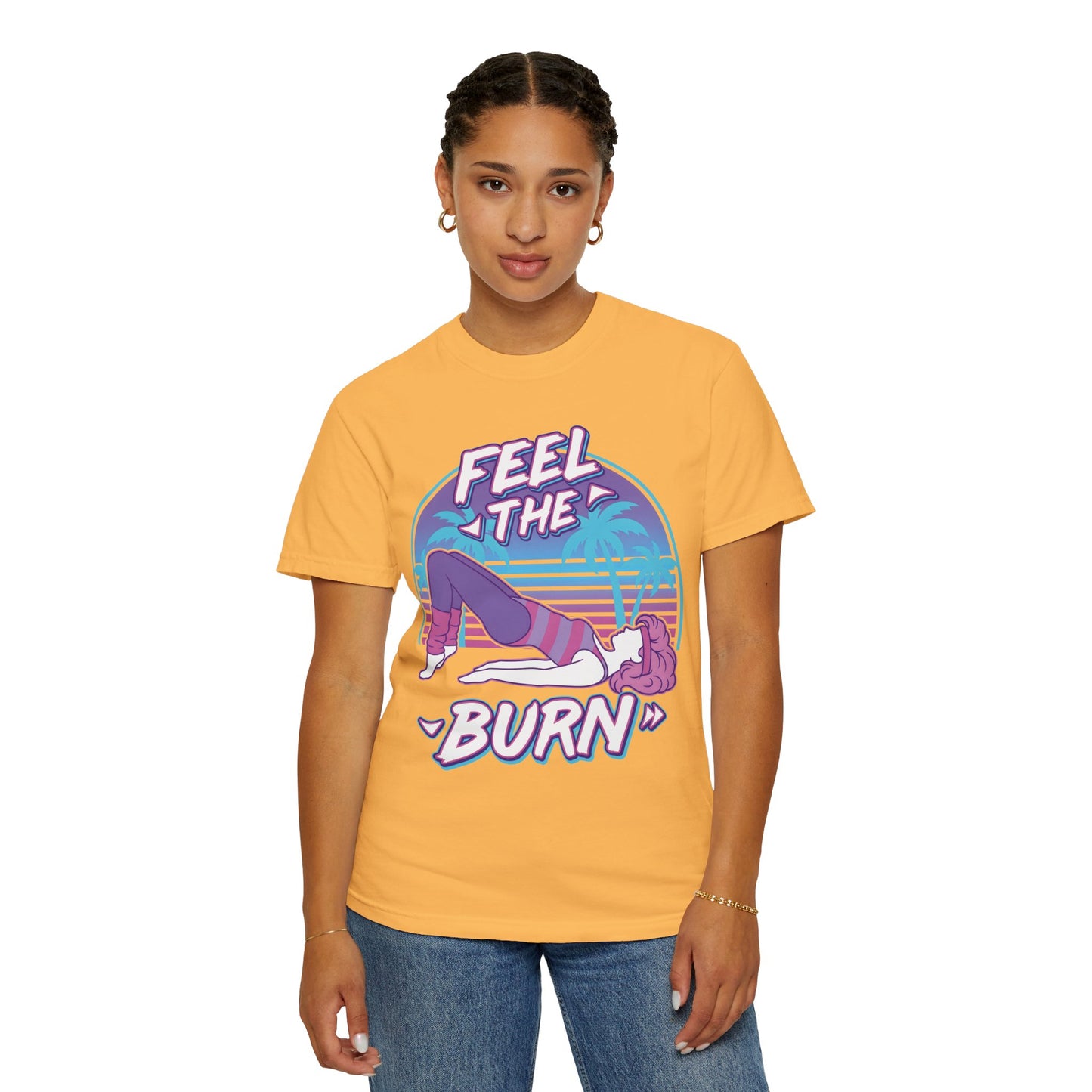 Feel the Burn Retro 80s Glute Thrust Pose Graphic Tee | Vintage Workout Shirt