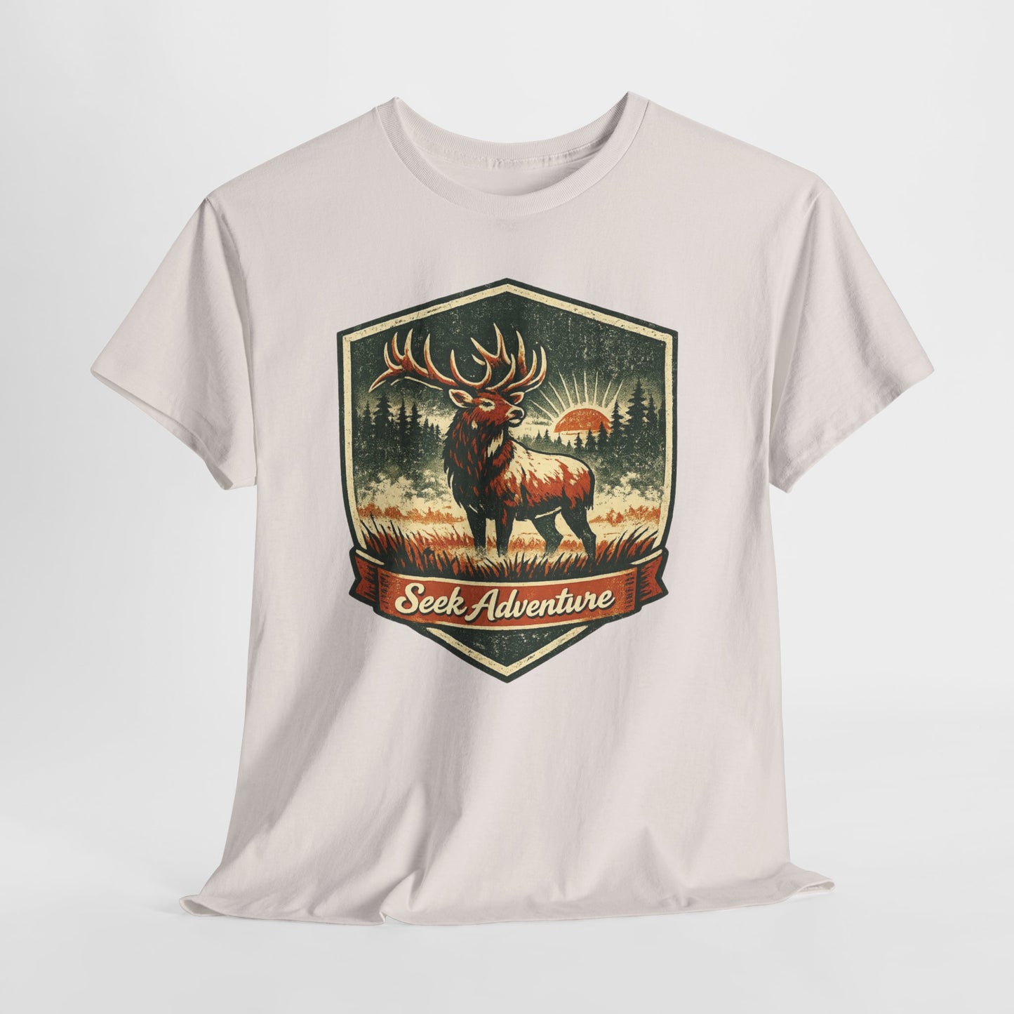 Elk At Dawn Vintage Badge Tee | Seek Adventure Graphic Shirt | Outdoor Nature Gift
