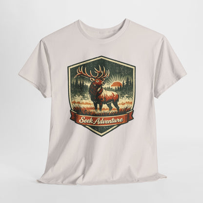 Elk At Dawn Vintage Badge Tee | Seek Adventure Graphic Shirt | Outdoor Nature Gift